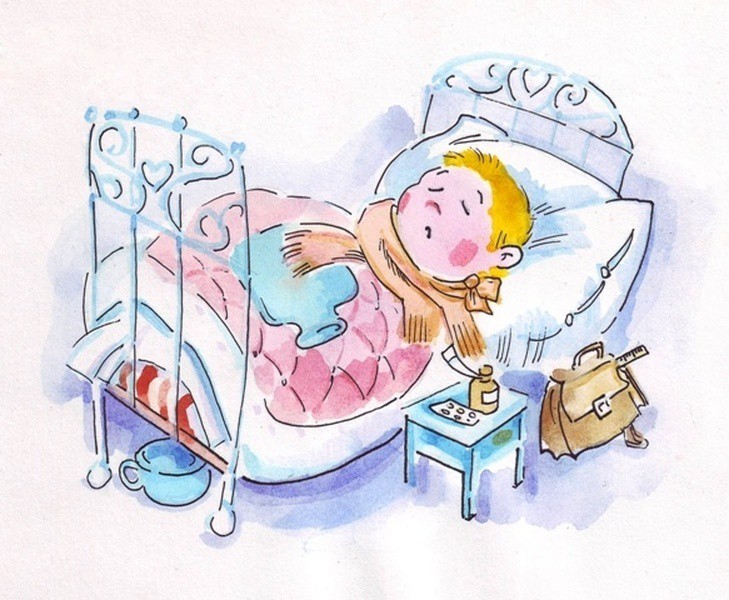Простуженный малыш в постели с шарфом и лекарствами